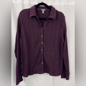 J. Jill Wine Colored Stretch V-Neck Collared Button Down Blouse         …